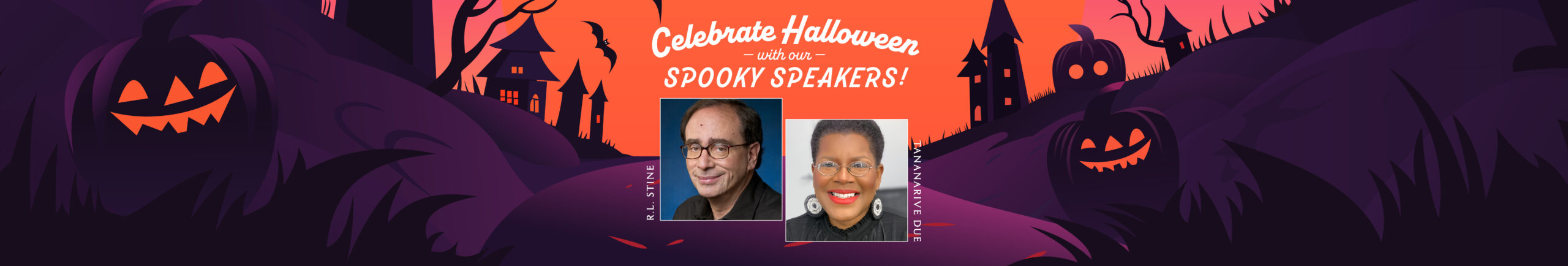 Halloween banner with purple and orange. Headshot of R.L Stine and Tananarive Due