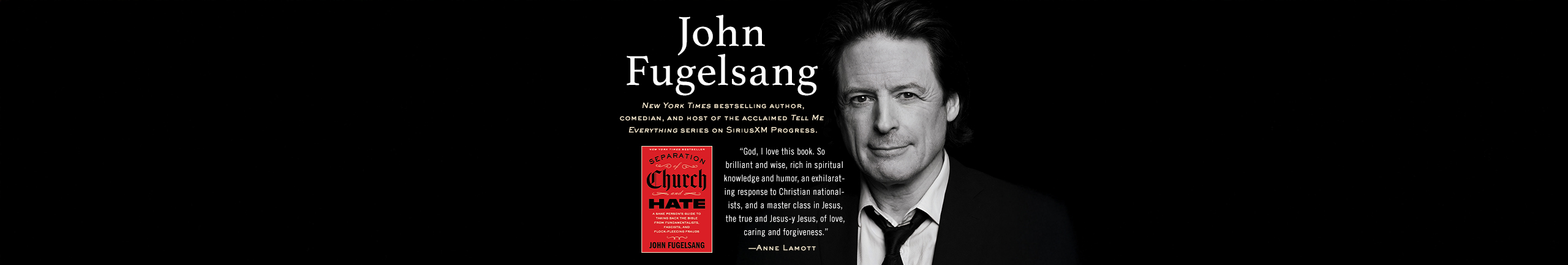 Image of S&S Speakers Bureau author John Fugelsang alongside his book Separation of Church and Hate