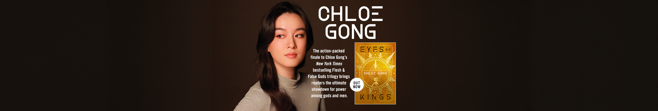 Image of author Chloe Gong alongside her book "Eyes of Kings"