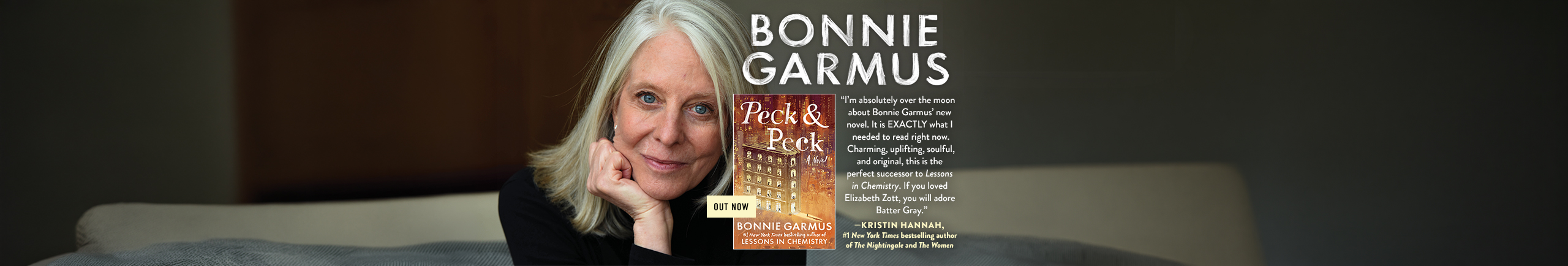 Banner featuring S&S Speakers Bureau author Bonnie Garmus alongside her book PECK & PECK